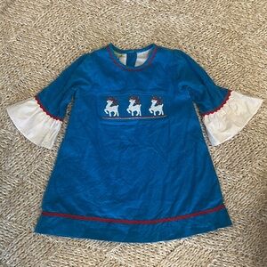 EUC Candyland royal Blue cord smocked reindeer Dress with ruffle bell sleeve 3t